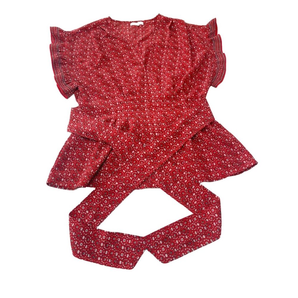 Women's Red Floral Print Wrap Blouse With a Self-Tie Belt